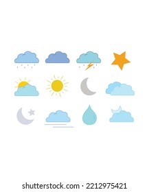 Conjunto de 12 iconos de la web meteorológica estilo plano. Clima, nubes, día soleado, luna, copos de nieve, viento, sol. Ilustración vectorial. Perfecto para colorear libros, textiles, ícono, web, pintura, libros, camisetas.