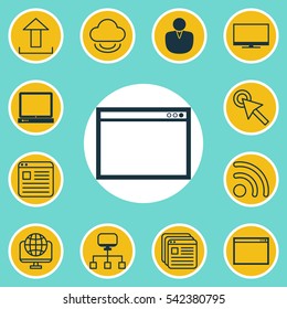 Set Of 12 Web Icons. Includes PC, Cursor Tap, Send Data And Other Symbols. Beautiful Design Elements.