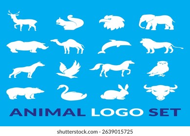 Set of 12 white animal logos on a blue background. Clean, minimalist vector icons perfect for branding, wildlife projects, modern prints, and digital design themes.