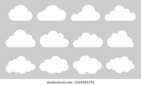 Set of 12 white cloud icons on a gray background. Cloud shapes vary in size and style. Simple cloud designs for weather apps, cloud graphics, and more. Weather illustration, vector set.