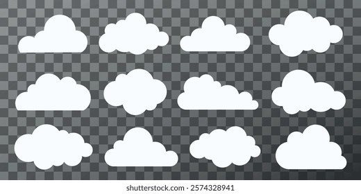 Set of 12 white cloud icons on a transparent background. Cloud shapes vary, offering diverse cloud designs. Perfect for cloud-themed projects and cloud illustrations. Weather element vector set.