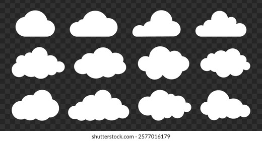 Set of 12 white cloud icons on a transparent background. Cloud shapes vary in size and form. Perfect for weather, sky, or digital design themes. Weather illustration, vector set.