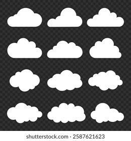 Set of 12 white cloud icons on a transparent background. Cloud shapes vary, offering diverse cloud designs. Perfect for cloud-themed projects or cloud graphics. Weather illustration, vector set.