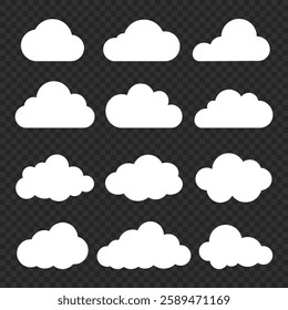 Set of 12 white cloud icons on a transparent background. Cloud shapes vary in size and style. Perfect for weather apps, cloud graphics, and design projects. Weather illustration, vector set.