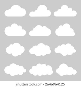 Set of 12 white cloud icons on a gray background. Cloud shapes vary in size and style. Simple cloud designs for weather, sky, or nature themes. Weather illustration, vector set.