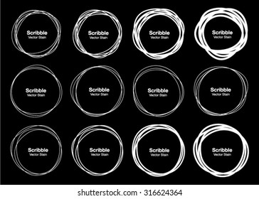 Set of 12 White  Hand Drawn Scribble Circles, vector logo design elements