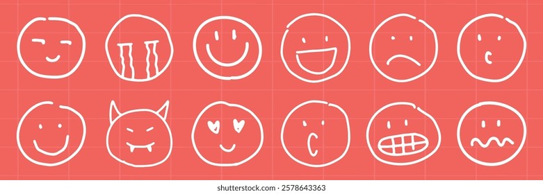 Set of 12 white hand-drawn emoticons on a red background. Emoticons show various expressions like happy, sad, angry, and surprised. Simple and playful design. White doodle elements, vector set.