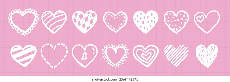 Set of 12 white hand-drawn hearts on a pink grid background. Each heart has a unique design. Hearts, pink, and grid pattern create a playful theme. Cute Valentine's Day elements, vector set.