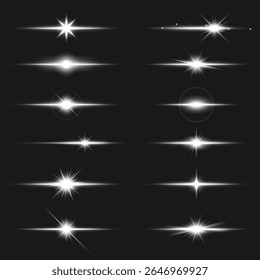 Conjunto de 12 efectos de destellos de luz blanca sobre un fondo oscuro. Bengalas de luz, estallidos de estrellas y brillos. Perfecto para el diseño, la decoración y los aspectos más destacados. Conjunto de elementos de Vector de efecto de superposición.