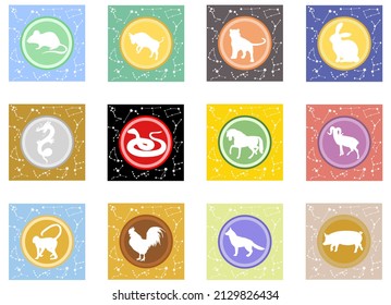 Set of 12 white silhouette zodiac animal shapes on color full moon with 12 white constellations in the zodiac family isolated on color background. 