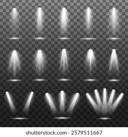 Set of 12 white spotlight effects on transparent background. Spotlights with varied beams and angles. Ideal for stage, theater, and event designs. Overlay effect vector element set.