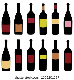 set of 12 Wine Bottles Isolated on white background. Wine Bottles icons set