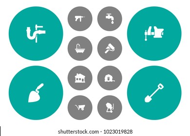 Set of 12 work icons set. Collection of wheelbarrow, shovel, vice and other elements.