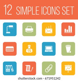 Set Of 12 Work Icons Set.Collection Of Clip, Printer, Presentation And Other Elements.
