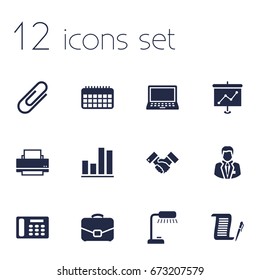 Set Of 12 Work Icons Set.Collection Of Telephone, Table Lighter, Laptop And Other Elements.