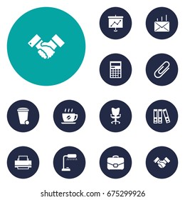 Set Of 12 Work Icons Set.Collection Of Office Chair, Printer, File Folder And Other Elements.