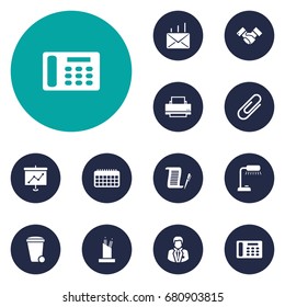 Set Of 12 Work Icons Set.Collection Of Clip, Calendar, Pencil Stand Elements.