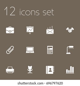 Set Of 12 Work Icons Set.Collection Of Office Chair, Diplomat, Printer And Other Elements.