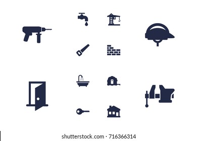 Set Of 12 Work Icons Set.Collection Of Bathroom, Hardhat, Meter And Other Elements.