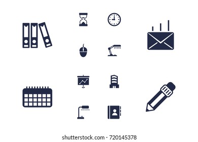 Set Of 12 Work Icons Set.Collection Of Table Lighter, Reading Lamp, Address Book And Other Elements.
