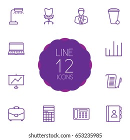 Set Of 12 Work Outline Icons Set.Collection Of Show, Workplace, Counter And Other Elements.