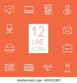 Set Of 12 Work Outline Icons Set.Collection Of Workplace, Notebook, Post And Other Elements.