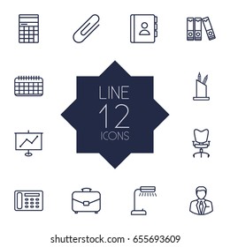 Set Of 12 Work Outline Icons Set.Collection Of Reading-Lamp, Portfolio, Fastener Paper And Other Elements.