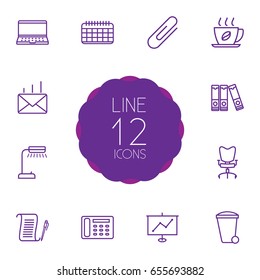 Set Of 12 Work Outline Icons Set.Collection Of Notebook, Agreement, Post And Other Elements.