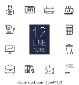 Set Of 12 Work Outline Icons Set.Collection Of Printing Machine, Administrator, Recycle Bin And Other Elements.