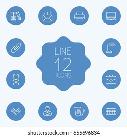 Set Of 12 Work Outline Icons Set.Collection Of Reading-Lamp, Fastener Paper, Partnership And Other Elements.