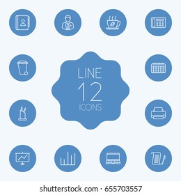 Set Of 12 Work Outline Icons Set.Collection Of Notebook, Date, Pen Storage And Other Elements.