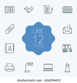 Set Of 12 Work Outline Icons Set.Collection Of Reading-Lamp, Partnership, Date And Other Elements.