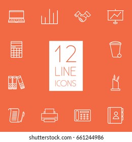 Set Of 12 Work Outline Icons Set.Collection Of Agreement, Chart, Document Case And Other Elements.