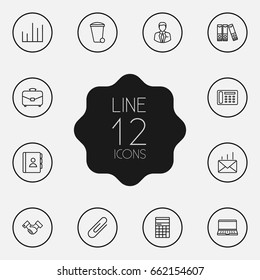 Set Of 12 Work Outline Icons Set.Collection Of Contacts, Partnership, Post And Other Elements.