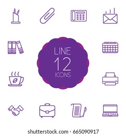 Set Of 12 Work Outline Icons Set.Collection Of Document Case, Hot Drink, Notebook And Other Elements.