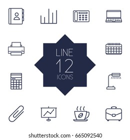 Set Of 12 Work Outline Icons Set.Collection Of Contacts, Notebook, Counter And Other Elements.