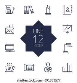Set Of 12 Work Outline Icons Set.Collection Of Hot Drink, Contacts, Post And Other Elements.