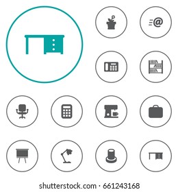 Set Of 12 Workspace Icons Set.Collection Of Case, Flower, Desktop And Other Elements.