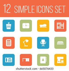 Set Of 12 Workspace Icons Set.Collection Of Illuminator, Date, Calculate And Other Elements.