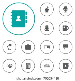 Set Of 12 Workspace Icons Set.Collection Of Stand , Flower , Calculate Elements.