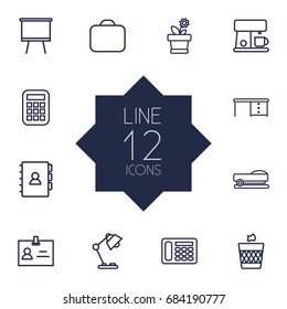 Set Of 12 Workspace Outline Icons Set.Collection Of Calculator, Telephone, Coffee Maker And Other Elements.