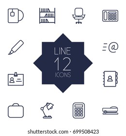 Set Of 12 Workspace Outline Icons Set.Collection Of Email, Bookshelf, Table Lamp And Other Elements.