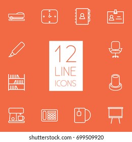 Set Of 12 Workspace Outline Icons Set.Collection Of Staple, Chair, Book And Other Elements.