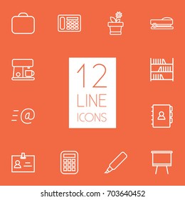 Set Of 12 Workspace Outline Icons Set.Collection Of Badge Id, Telephone, Board Stand Elements.