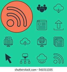 Set Of 12 World Wide Web Icons. Includes Computer Network, Local Connection, Data Synchronize And Other Symbols. Beautiful Design Elements.