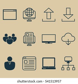 Set Of 12 World Wide Web Icons. Includes PC, Website Page, Team And Other Symbols. Beautiful Design Elements.