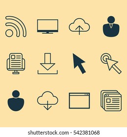 Set Of 12 World Wide Web Icons. Includes Mouse, Account, Display And Other Symbols. Beautiful Design Elements.