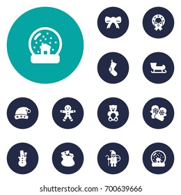 Set Of 12 Year Icons Set.Collection Of Santa Sleigh, Ice Person, Magic Sphere And Other Elements.
