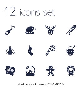 Set Of 12 Year Icons Set.Collection Of Cookie, Christmas Wreath, Firework And Other Elements.