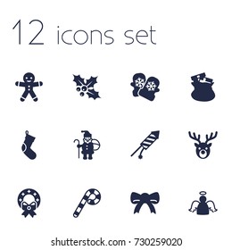 Set Of 12 Year Icons Set.Collection Of Firework, Decoration, Deer And Other Elements.